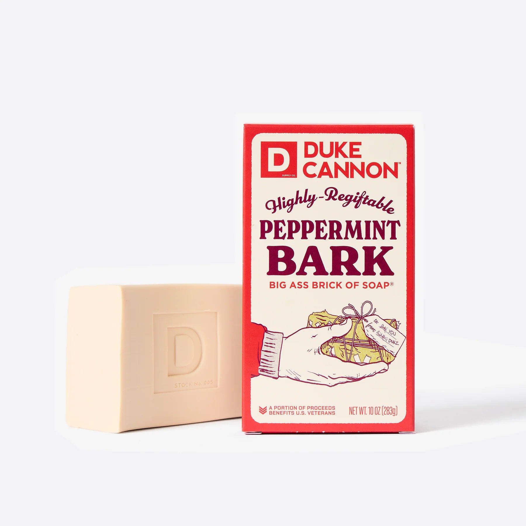 Duke Cannon peppermint bark soap bar and packaging on a white background