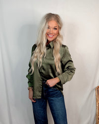 Closet Staple Crinkle Satin Long Sleeve Button Up Blouse - Olive Green