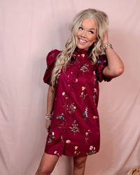 Merlot & Magnolias Floral Printed Bubble Sleeves Dress