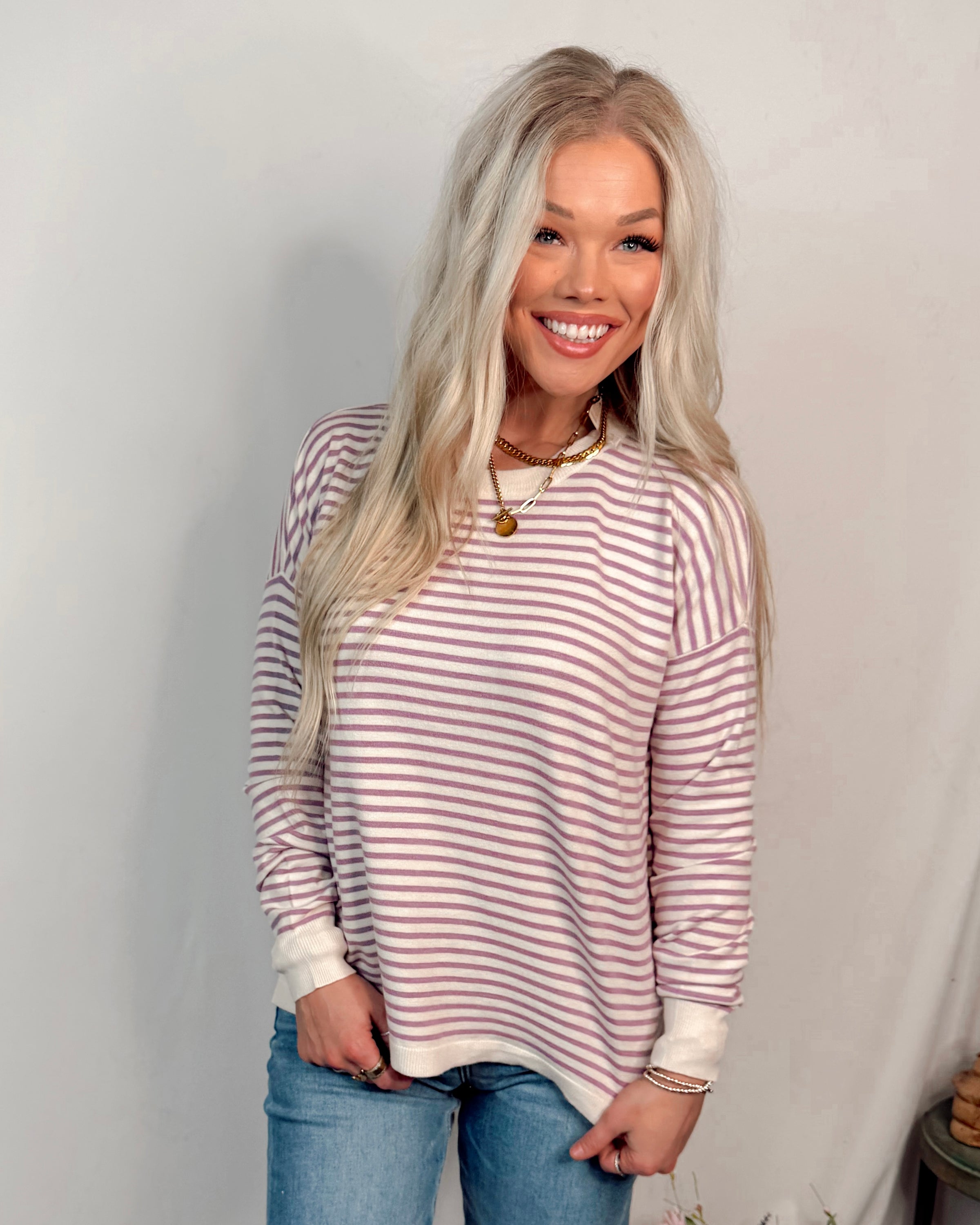 Lavender Latte Crew Neck Striped Knit Sweater