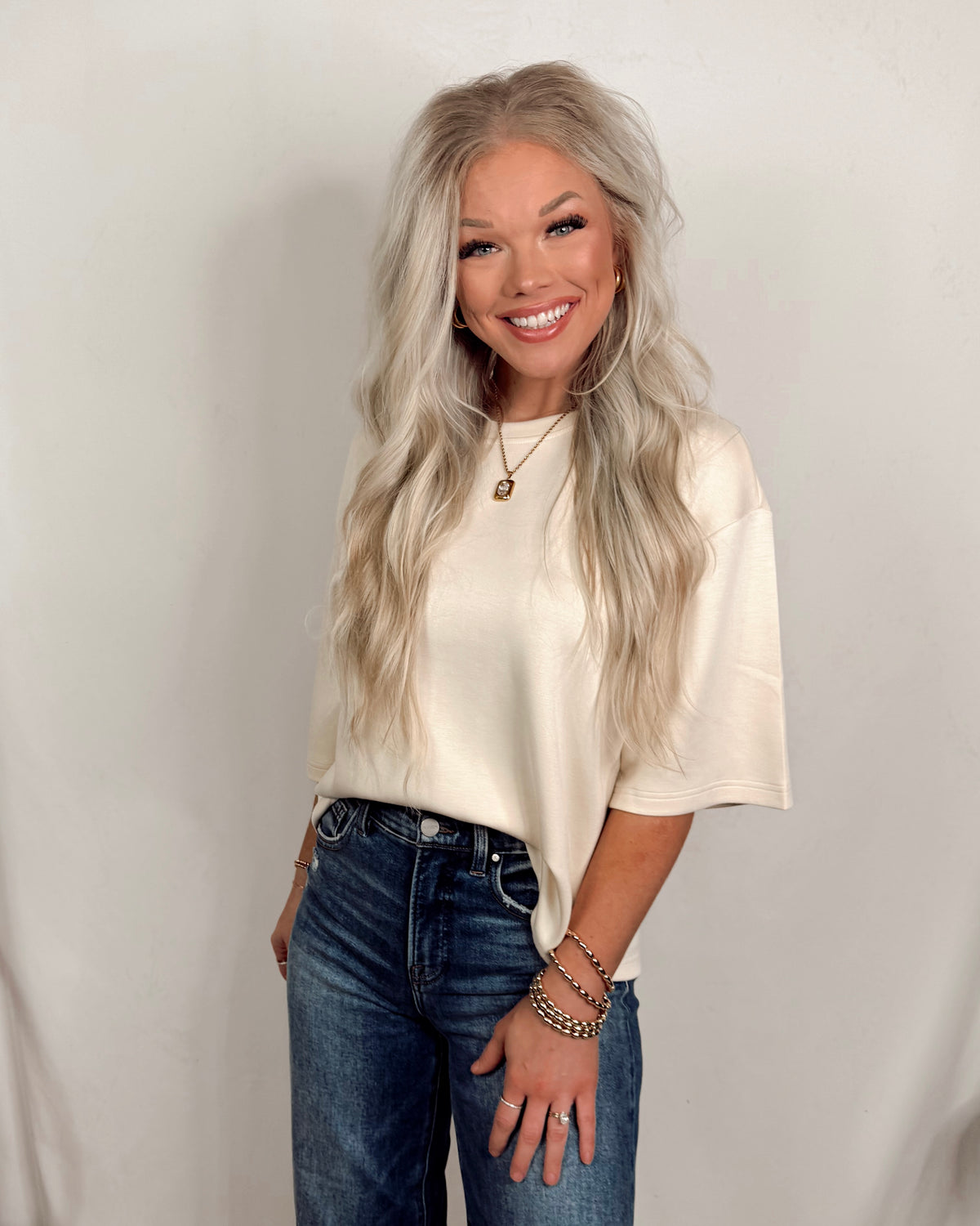 Basic Babe Loose Fit Crew Neck Short Sleeve Top - Cream
