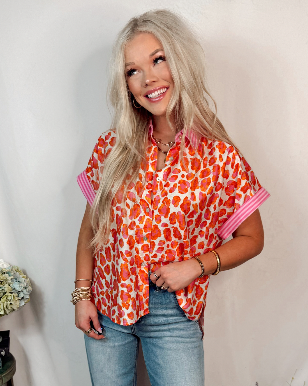Pink Lemonade Pop Leopard Print Button Up Blouse - Orange