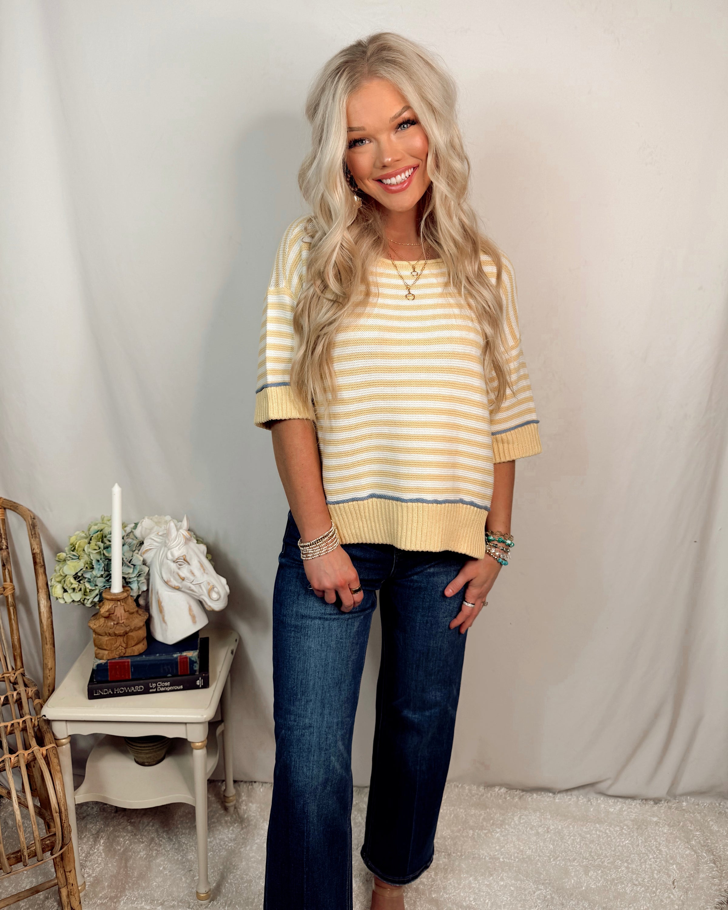 Sunshine & Stripes Contrast Trim Knit Top - Butter Yellow