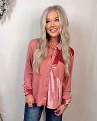 Uniquely Chic Two-Toned Contrast Velvet Detail Button Up Top - Rose