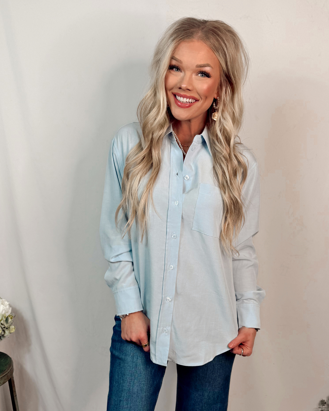 Clean Lines Classic Essential Button Down Top - Ice Blue