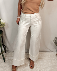 Bel Air Cuff Crop Wide Leg High Rise w/Tummy Control Jeans - Cream