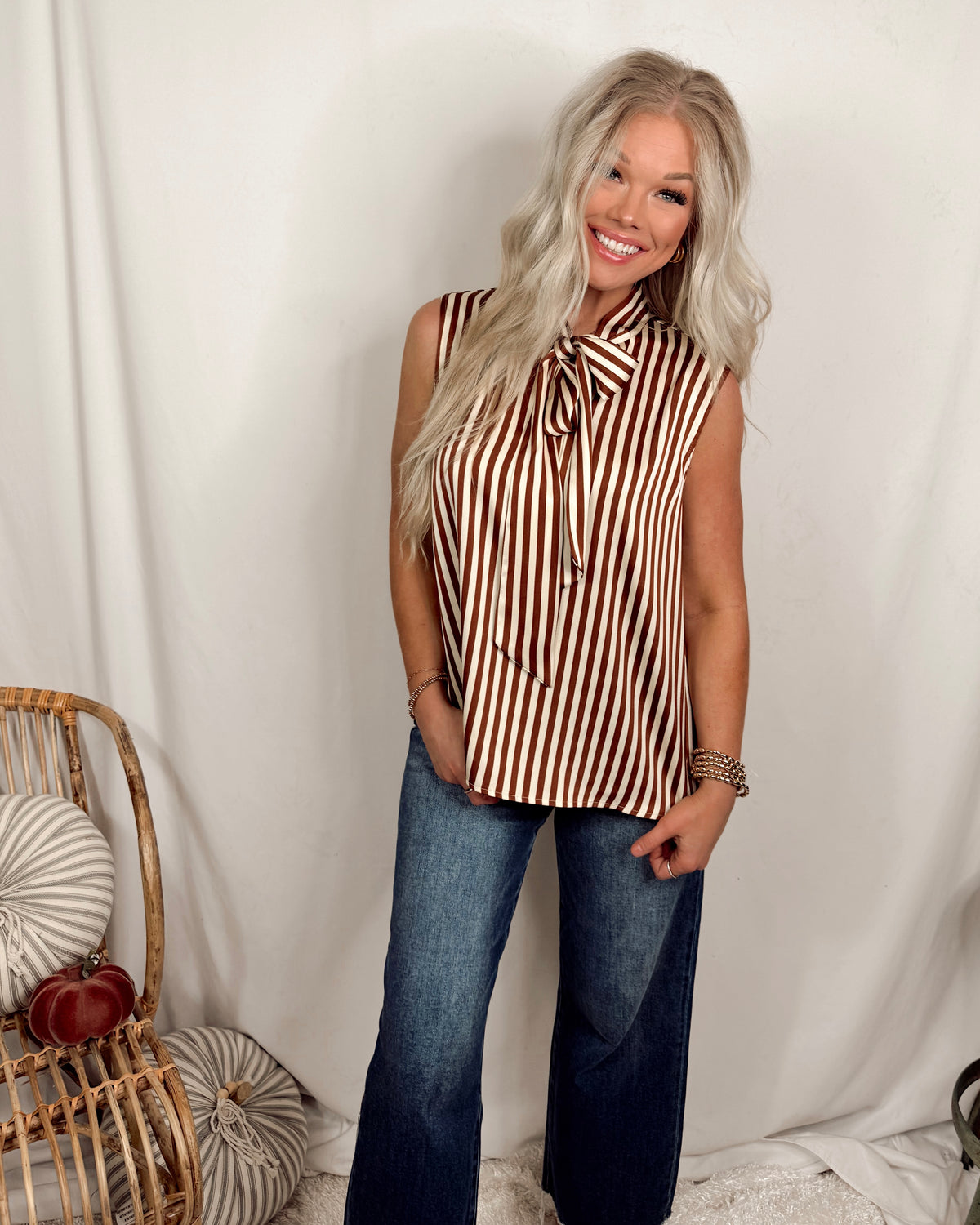 Sierra Sleek Satin Striped Sleeveless Neck Tie Blouse in Brown
