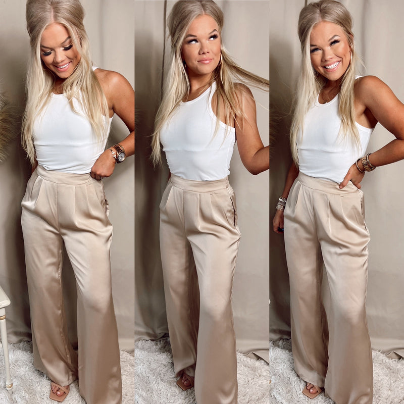 Simple Elegance Satin Trousers- Taupe