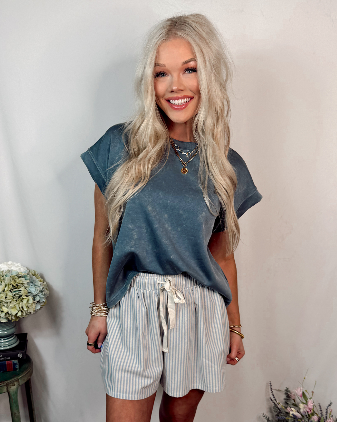 Sandbar Striped Drawstring Shorts - Sky Blue