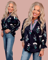 Bloom & Dusk Contrast Trim Floral Top