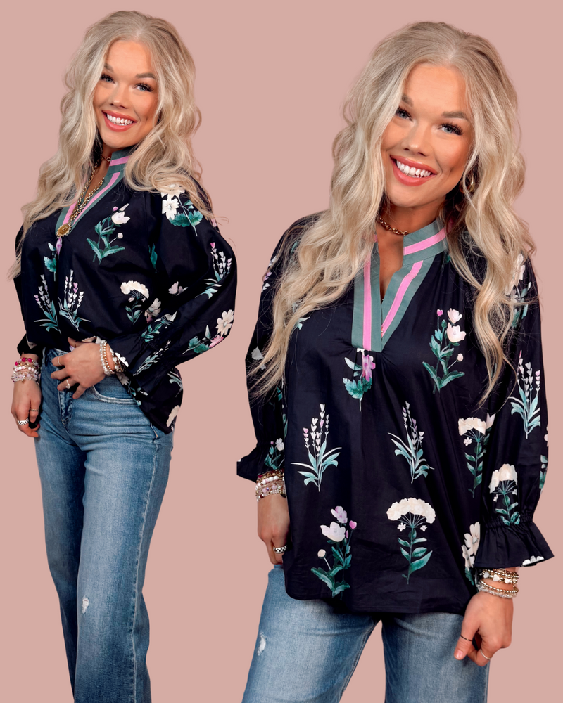 Bloom & Dusk Contrast Trim Floral Top