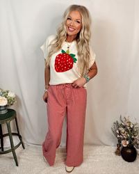 Strawberry Sweetheart Gingham Printed Woven Drawstring Pants - Red