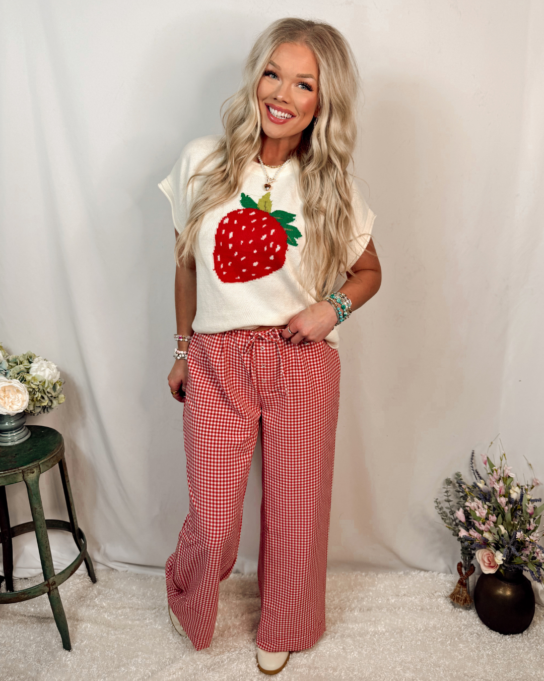 Strawberry Sweetheart Gingham Printed Woven Drawstring Pants - Red