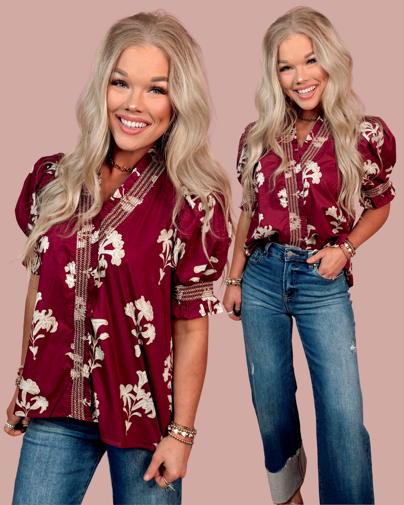 Rosewood Floral Print Detailed Blouse
