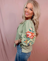 Elegant in Olive Stripes + Floral Embroidery Blouse