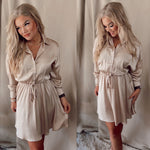 Irresistibly Satin Long Sleeve Dress- Champagne