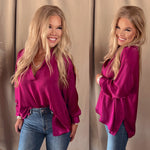 Strictly Business Collared Satin Blouse - Plum
