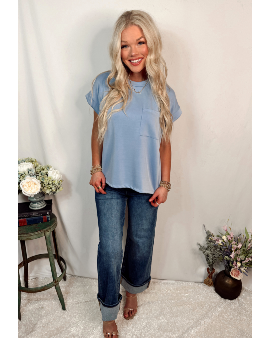 Cali Crew Neck Cuffed Short Sleeve Everyday Basic - Perry Blue