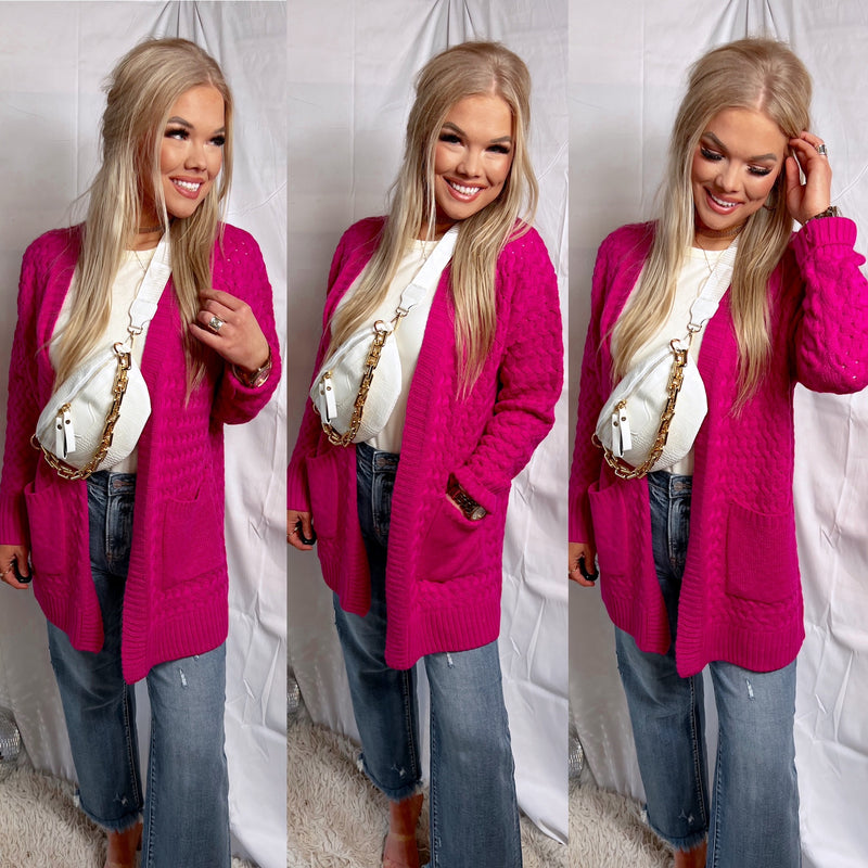 Flying Colors Crochet Knit Cardigan- Fuchsia