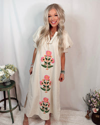 Soft Blooms Striped Floral Printed Maxi Dress - Taupe