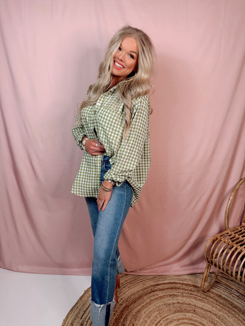 Gingham & Go Oversized Button Up Top - Light Green