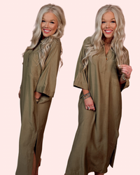 Effortlessly Poise Collared Midi Dress - Olive