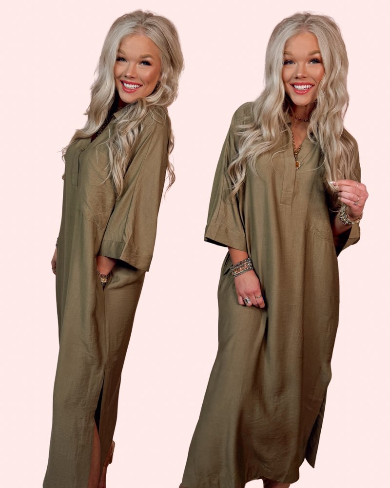 Effortlessly Poise Collared Midi Dress - Olive