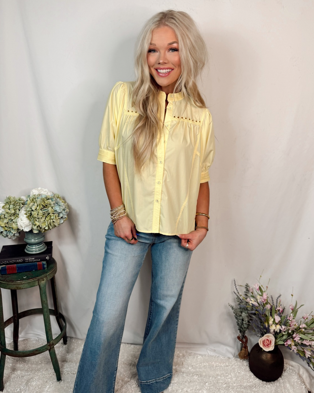 Lemon Drop Puff Sleeve Button Up Top - Yellow
