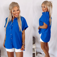 New & Noteworthy Button Up Blouse - Cobalt Blue