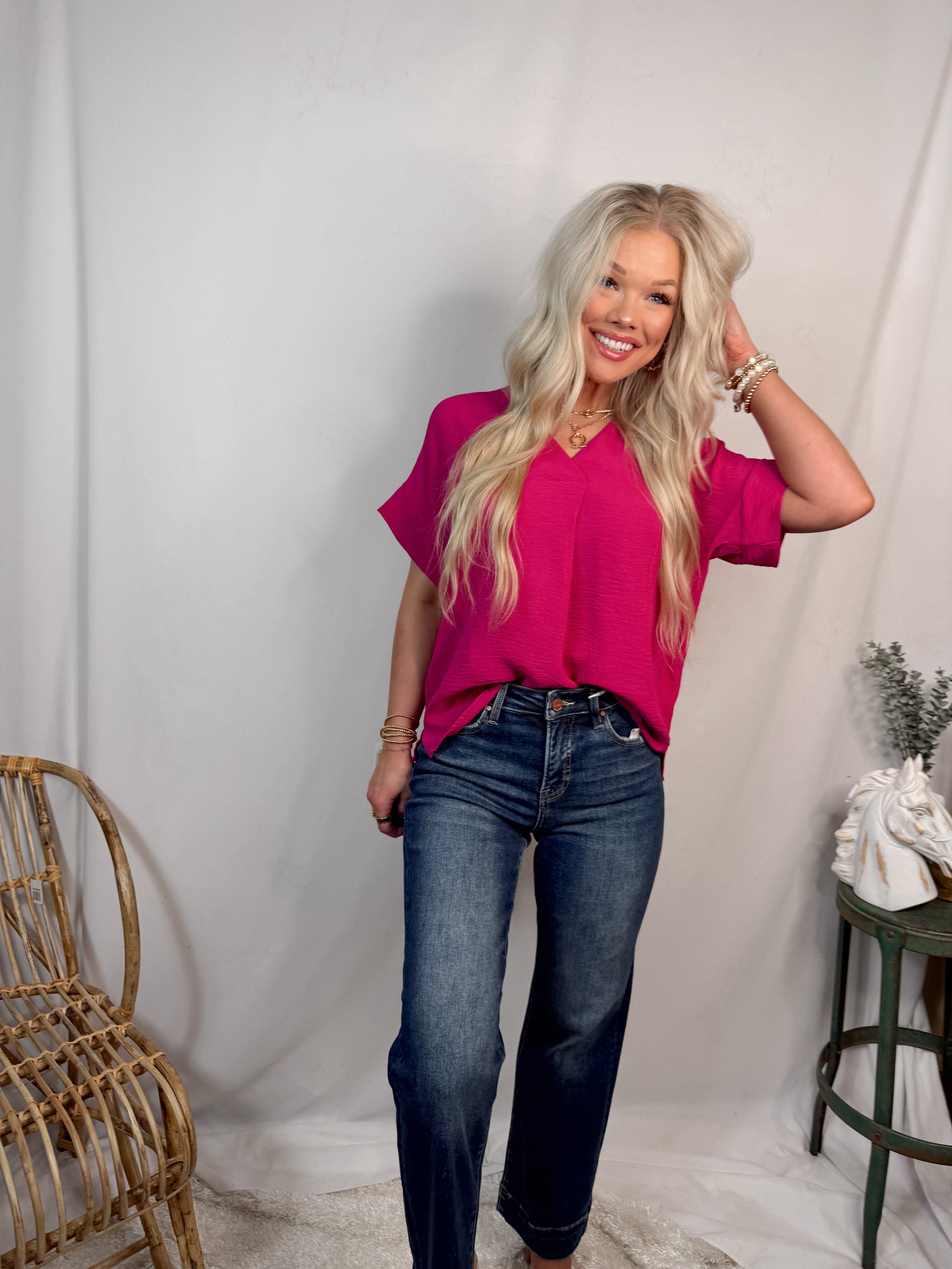 Timeless Touch V Neck Drop Sleeve Top - Fuchsia