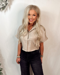 Champagne Drift Cropped Button Up Blouse - Beige