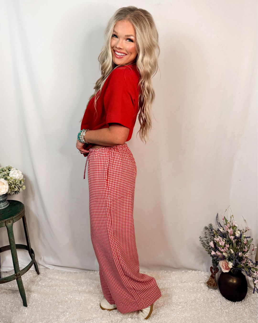 Strawberry Sweetheart Gingham Printed Woven Drawstring Pants - Red