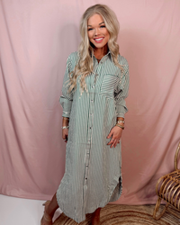 Country Club Brunch Striped Long Sleeve Midi Dress in Green