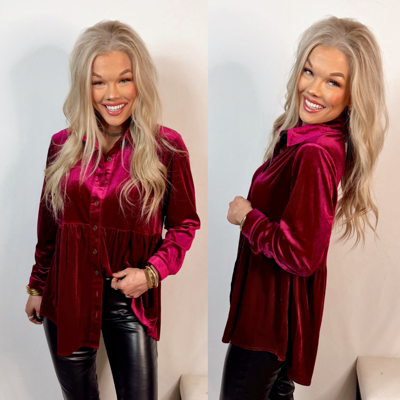 Warm Embrace Velvet Button Down Tunic - Ruby