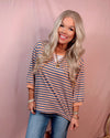 Boardwalk Breeze 3/4 Sleeve Striped Top - Denim and Coral