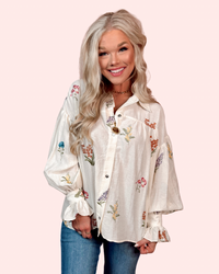Poised in Petals Embroidered Button Up Top - Cream