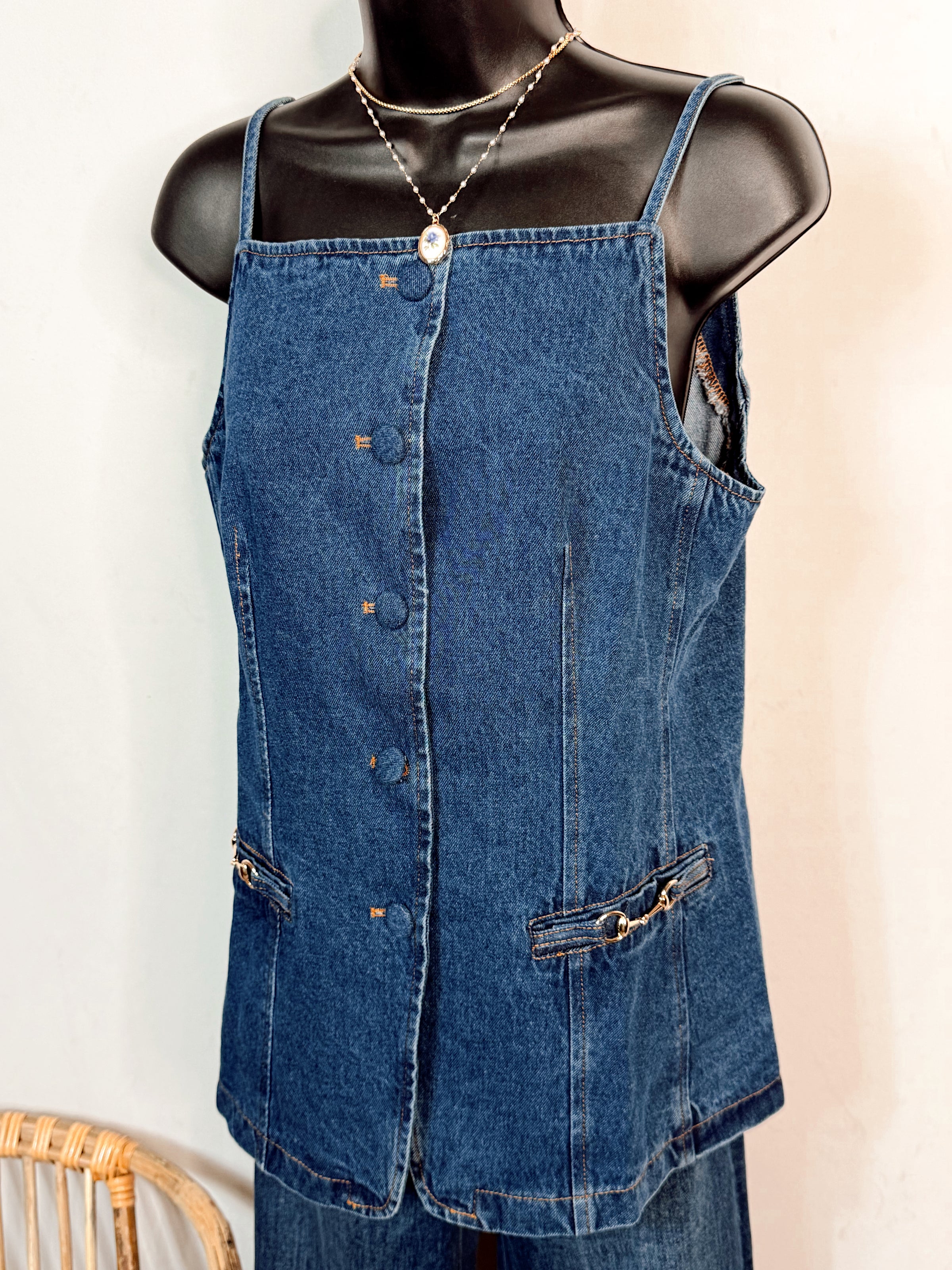 Denim Daydream Sleeveless Button Down Vest - Dark Denim