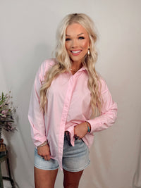 Blushing Tide Oversized Button Up Long Sleeve Top - Baby Pink