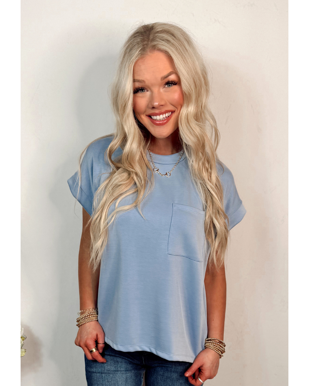 Cali Crew Neck Cuffed Short Sleeve Everyday Basic - Perry Blue