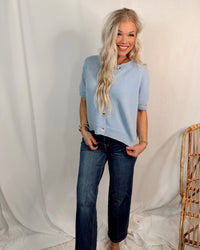 Sweet Escape Short Sleeve Knit Button Up Cardigan / Top in Light Blue