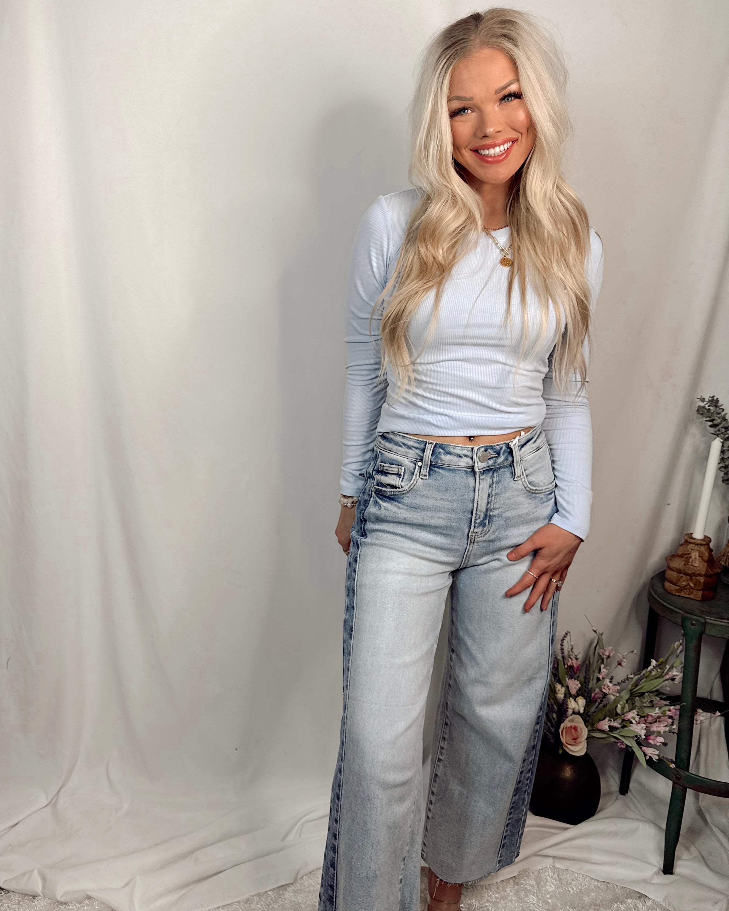 On Repeat Ribbed Long Sleeve Basic Top - Halogen Blue