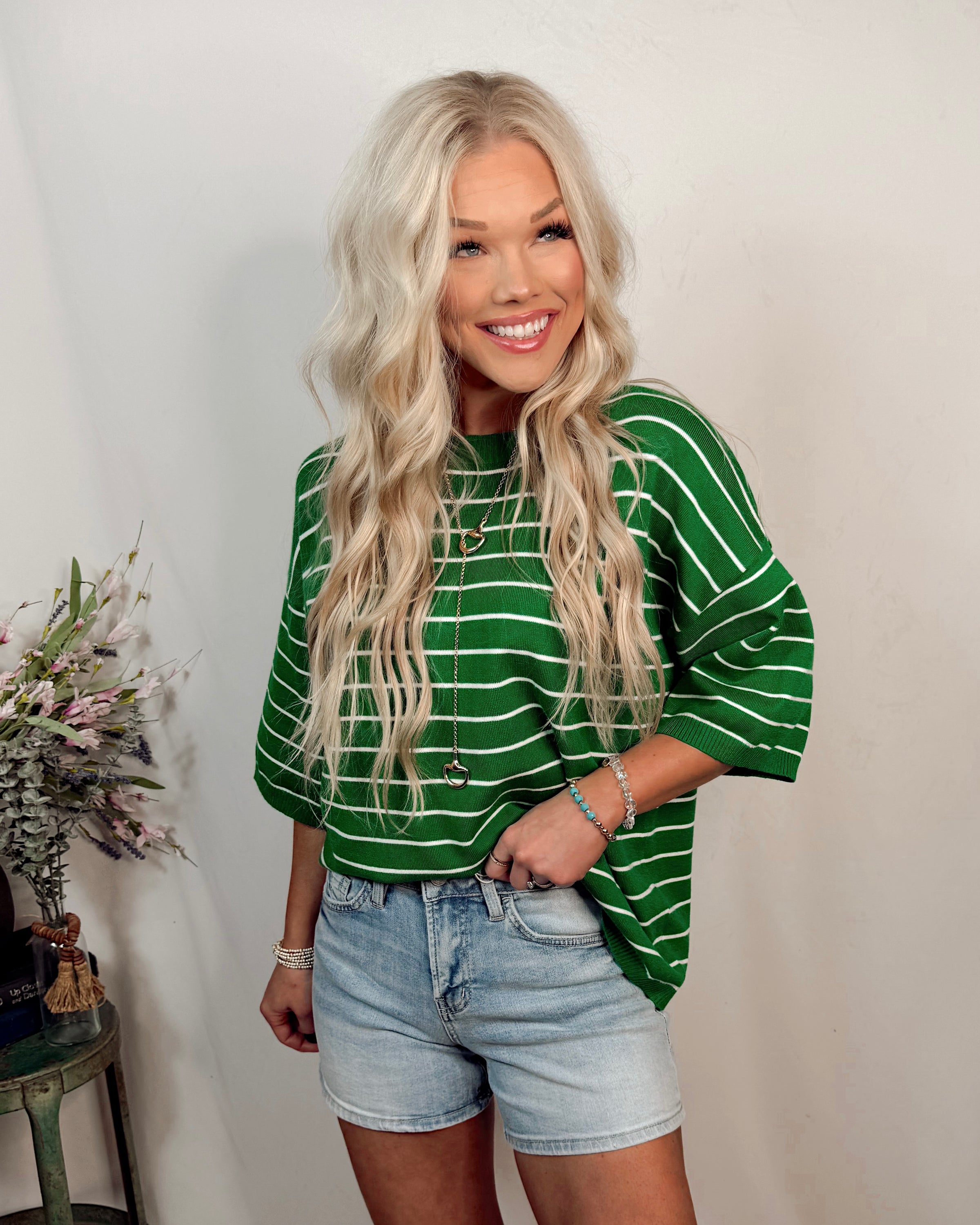 Lucky You Striped Oversized Knit Top - Green