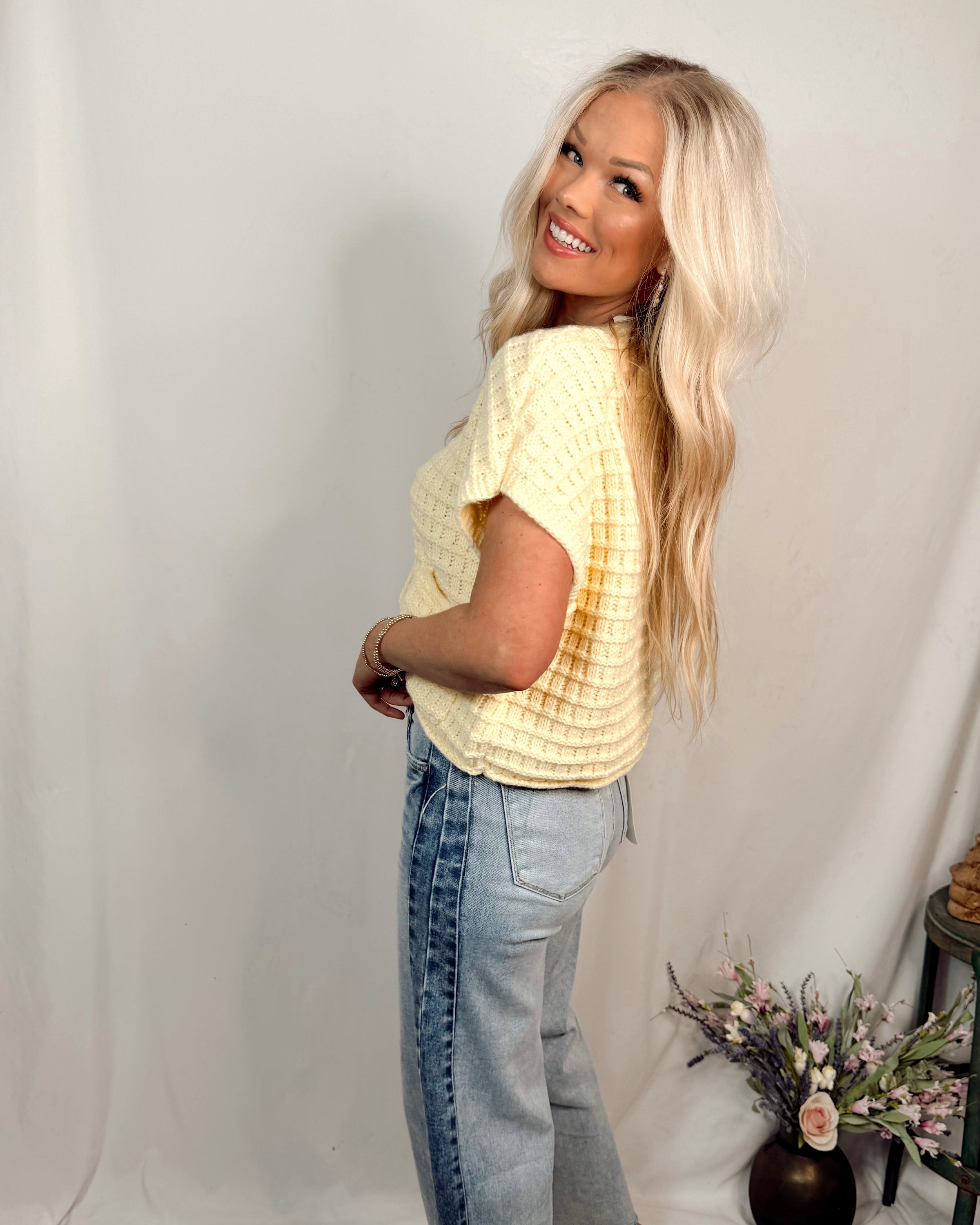 Wynona Woven Knit Button Up Blouse in Light Yellow