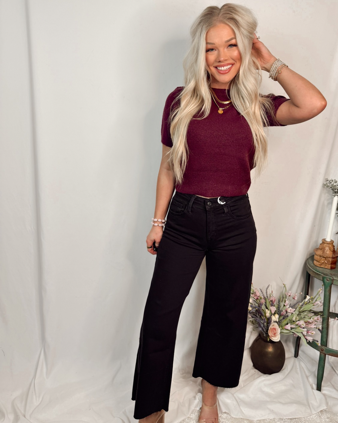 Confidence Boost Chic Knit Everyday Blouse in Maroon