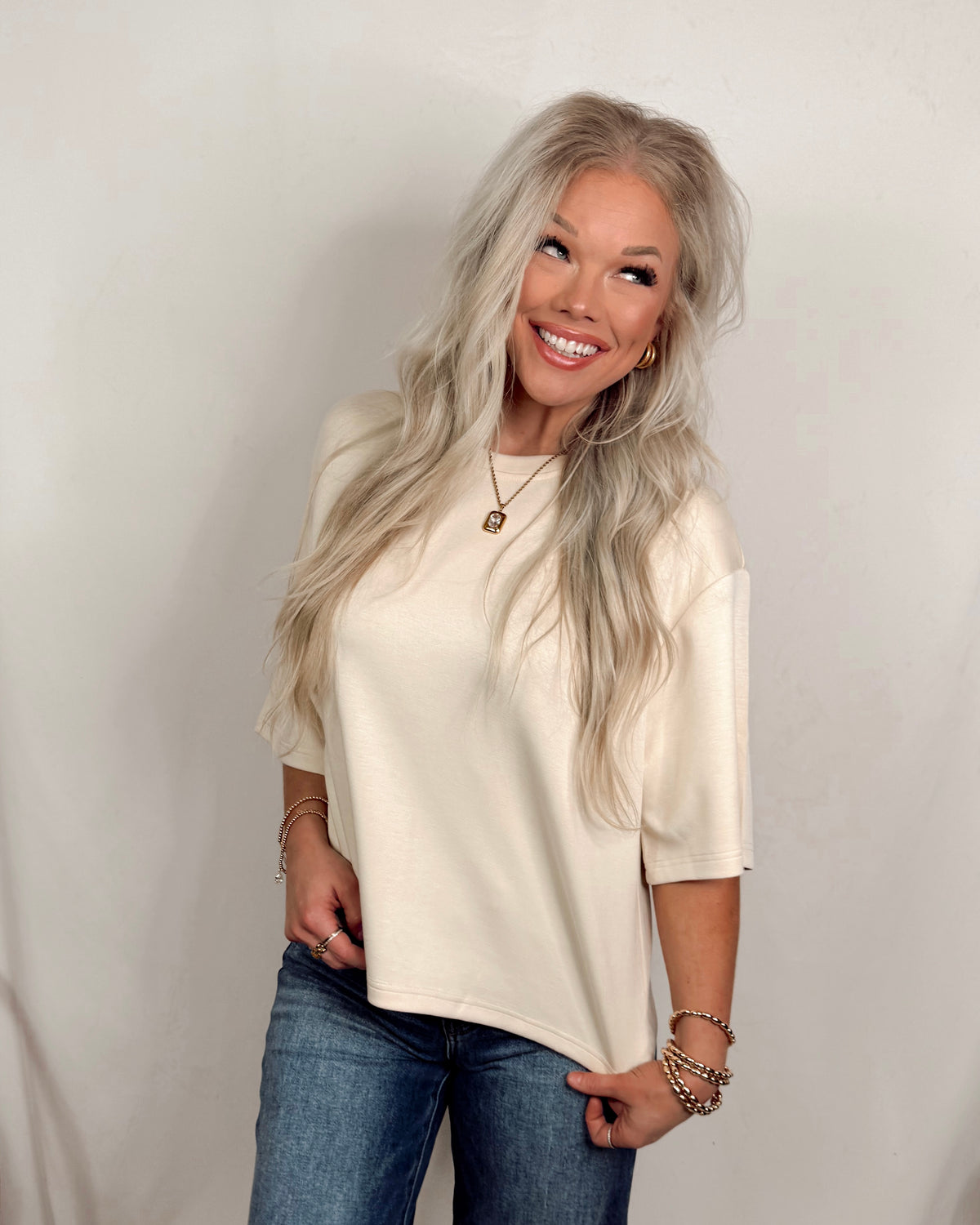 Basic Babe Loose Fit Crew Neck Short Sleeve Top - Cream