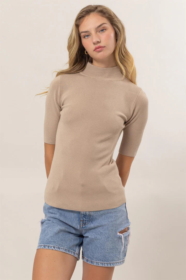 Classic Trend Setter Mock Neck Sweater Top- Taupe