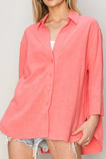Lady Like Linen Button Up Blouse - Coral