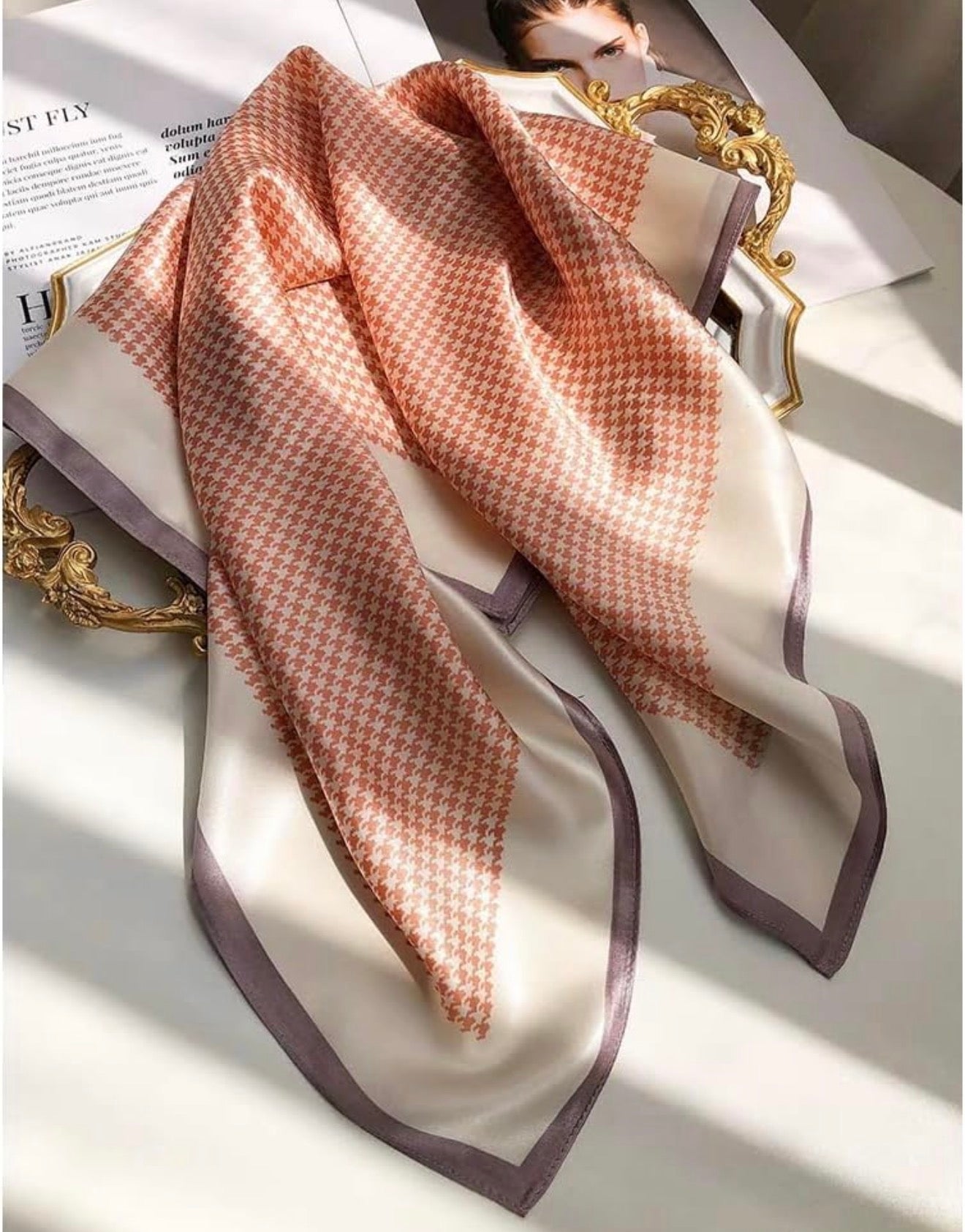 Houndstooth Satin Detailed Print Square Scarf