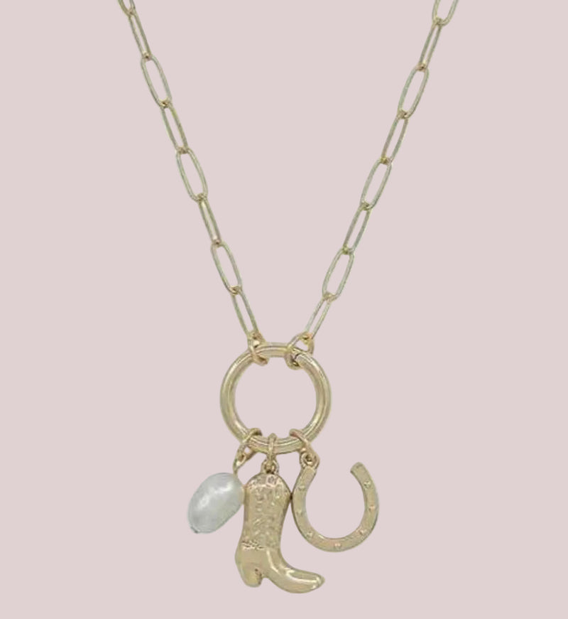 gold link necklace with charm holder  holding a pearl, boot and horseshoe charms