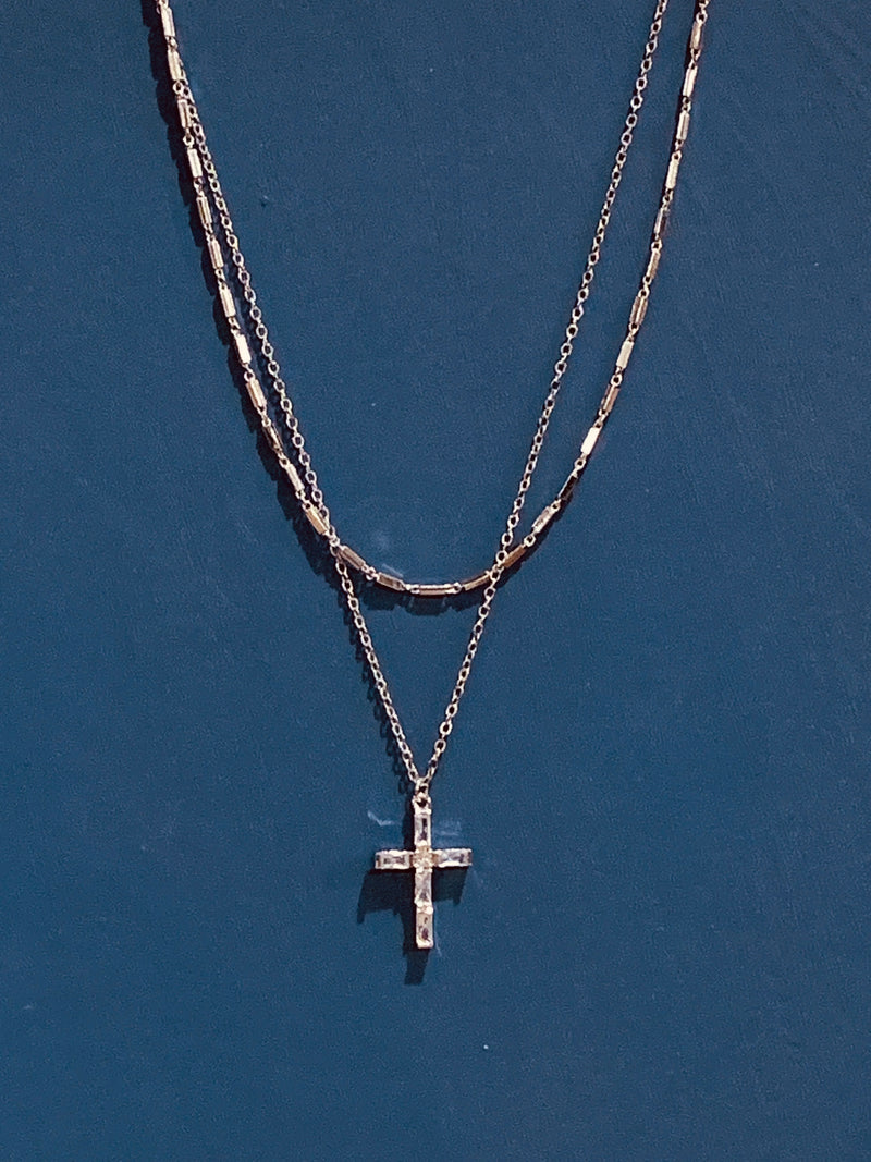 Silver Cross Layered Necklace